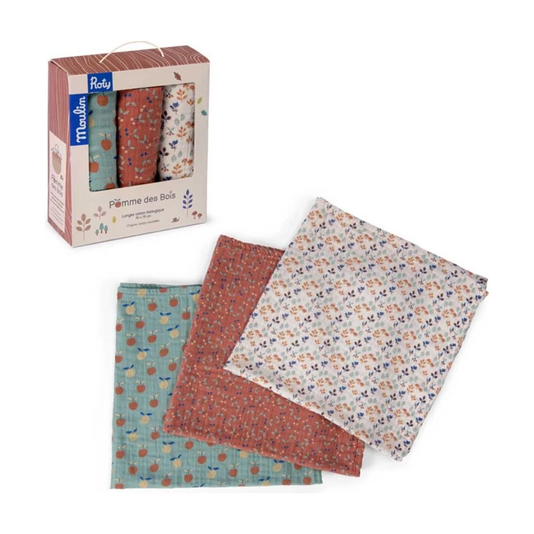 Set De 3 Langes Imprimés - Pomme Des Bois - Moulin Roty 10 Set De 3 Langes Imprimés - Pomme Des Bois - Moulin Roty – Image 10