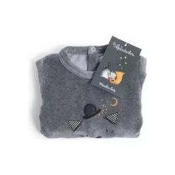Pyjama Bébé 1 Mois Velours Gris Chiné Tête Chat Les Moustaches - Moulin Roty -Petits Rêves Soldes moulin roty pyjama bebe 1m velours gris chine tete chat les moustaches 2